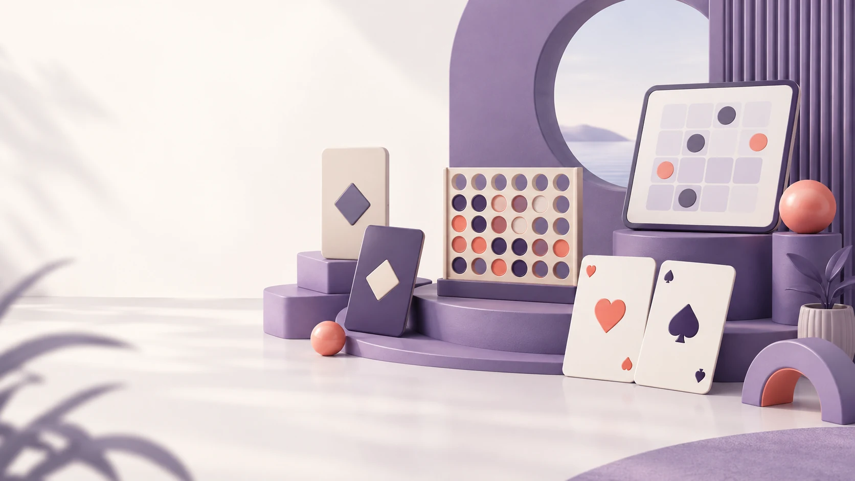 紫色纸牌、四子连线棋盘与网页娱乐空间的原创主视觉